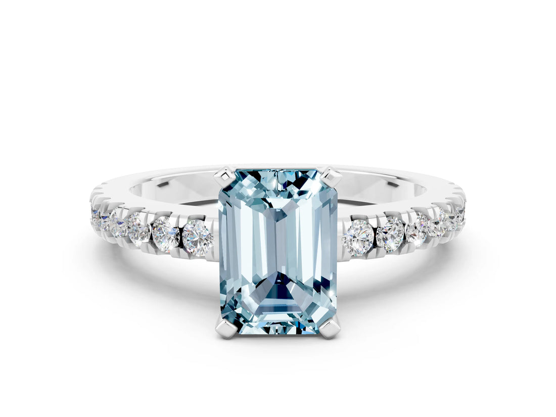 White gold Emerald Cut Solitaire Diamond with Pavé Band and Four-Prong Setting