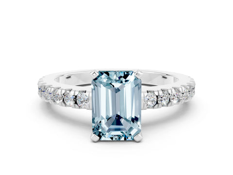 White gold Emerald Cut Solitaire Diamond with Pavé Band and Four-Prong Setting