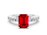 White gold Emerald Cut Solitaire Diamond with Pavé Band and Four-Prong Setting