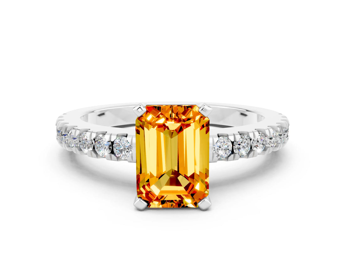 White gold Emerald Cut Solitaire Diamond with Pavé Band and Four-Prong Setting