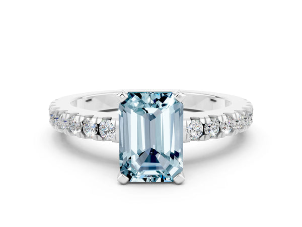 Silver Emerald Cut Solitaire Aquamarine with Pavé Band and Four-Prong Setting