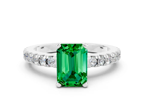 White gold Emerald Cut Solitaire Diamond with Pavé Band and Four-Prong Setting