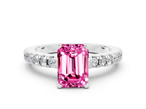 White gold Emerald Cut Solitaire Diamond with Pavé Band and Four-Prong Setting
