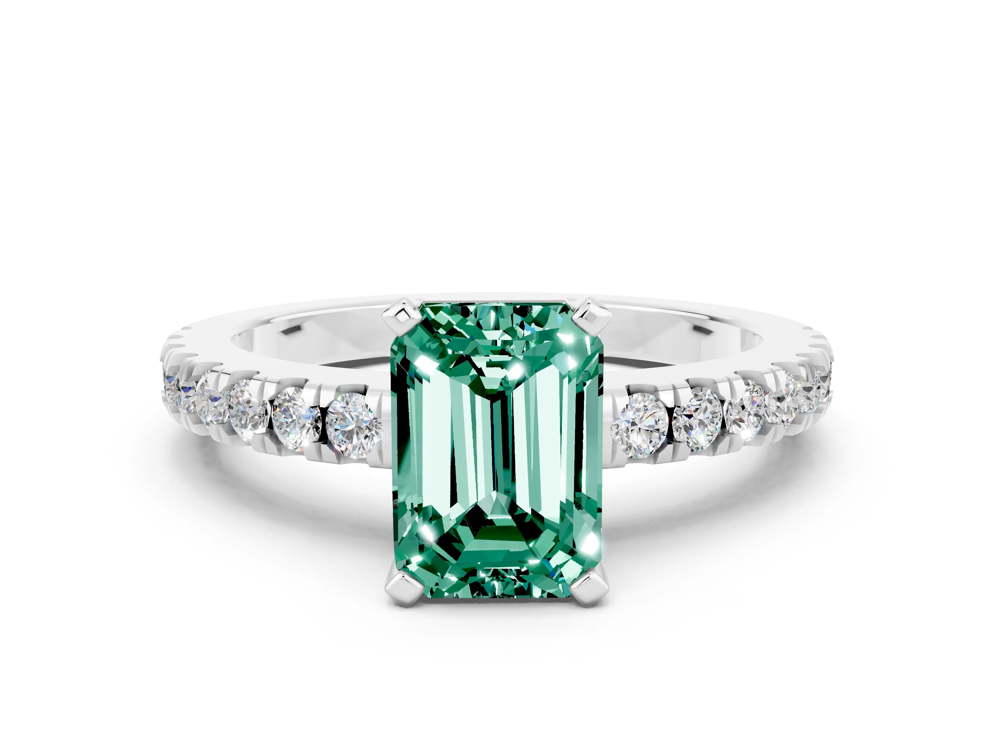 White gold Emerald Cut Solitaire Diamond with Pavé Band and Four-Prong Setting