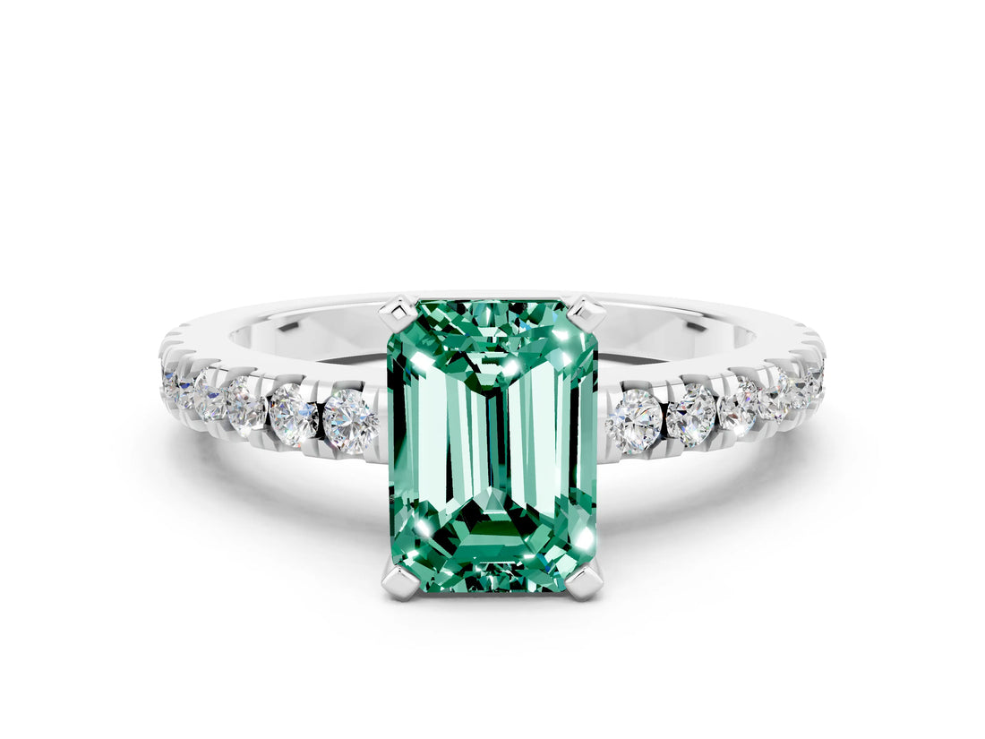 White gold Emerald Cut Solitaire Diamond with Pavé Band and Four-Prong Setting