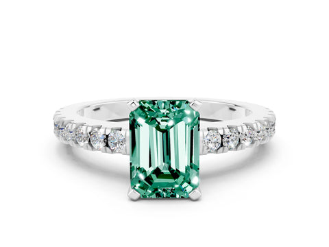 White gold Emerald Cut Solitaire Diamond with Pavé Band and Four-Prong Setting