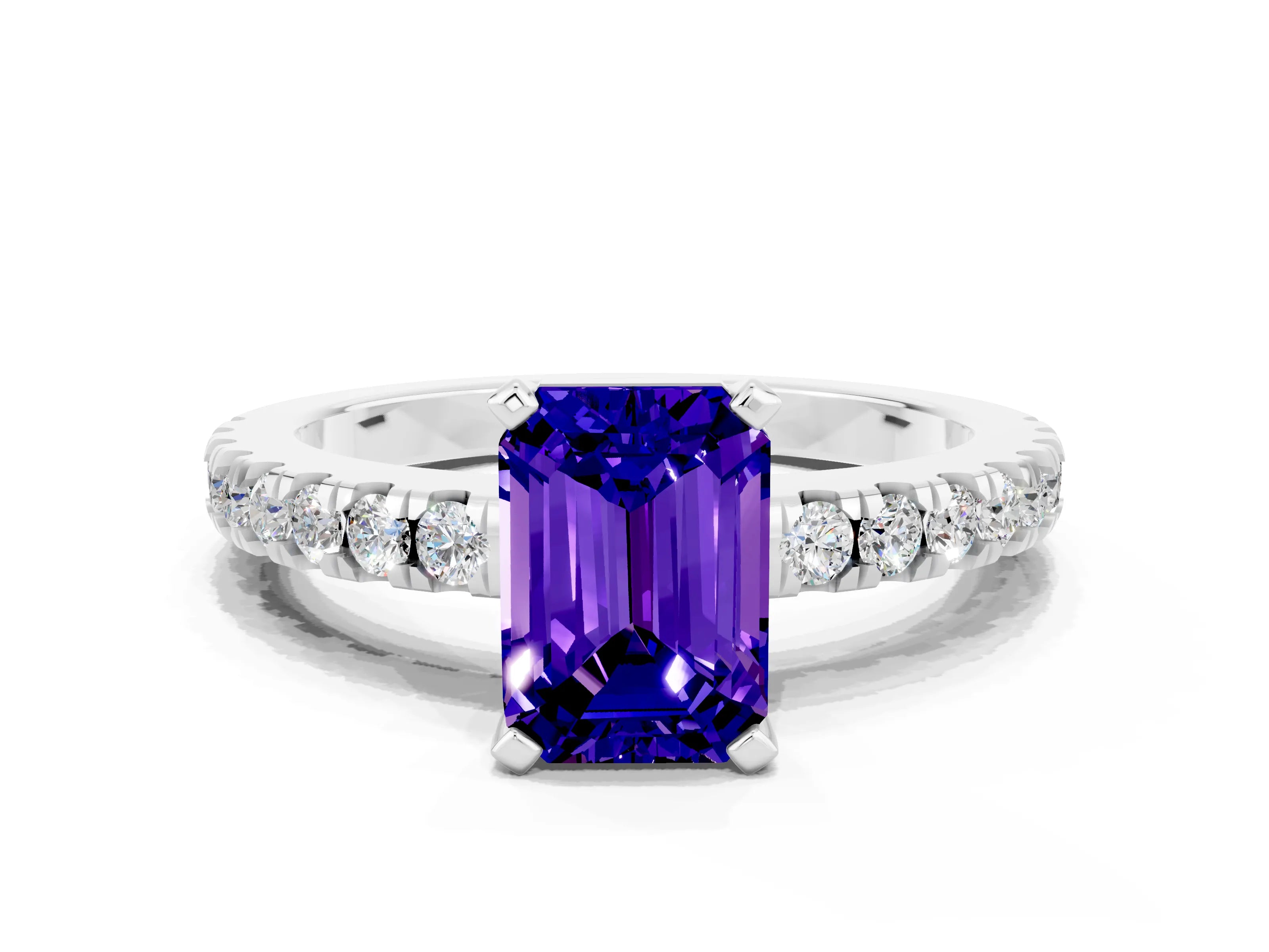 White gold Emerald Cut Solitaire Diamond with Pavé Band and Four-Prong Setting