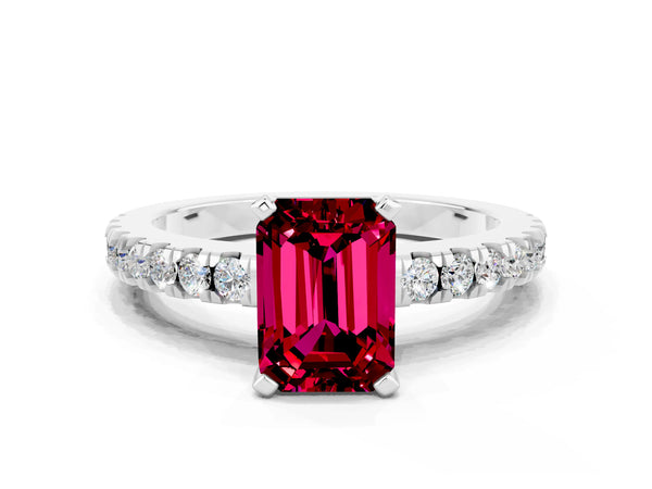 Platinum Emerald Cut Solitaire Garnet with Pavé Band and Four-Prong Setting