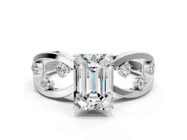Platinum Emerald Cut Solitaire Diamond with Side Stones on Criss-Cross Band and Four-Prong Setting