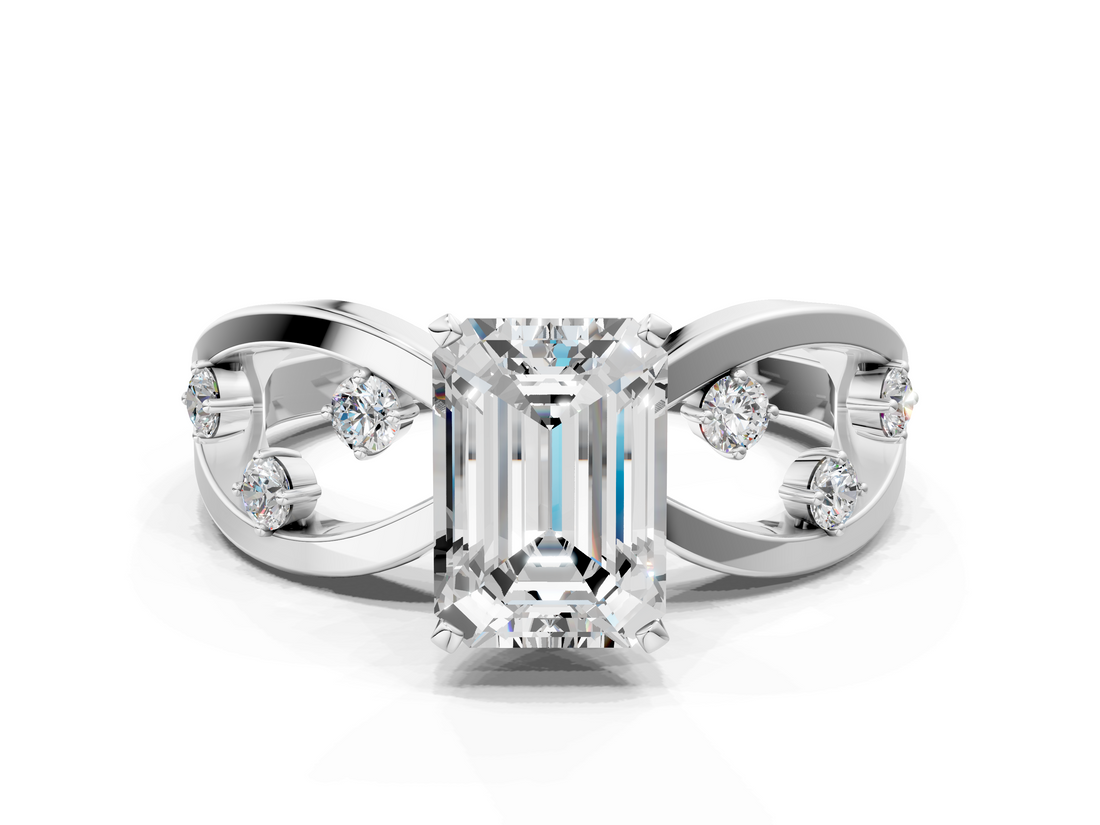 White gold Emerald Cut Solitaire Diamond with Side Stones on Criss-Cross Band and Four-Prong Setting_36