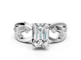 White gold Emerald Cut Solitaire Diamond with Side Stones on Criss-Cross Band and Four-Prong Setting_36