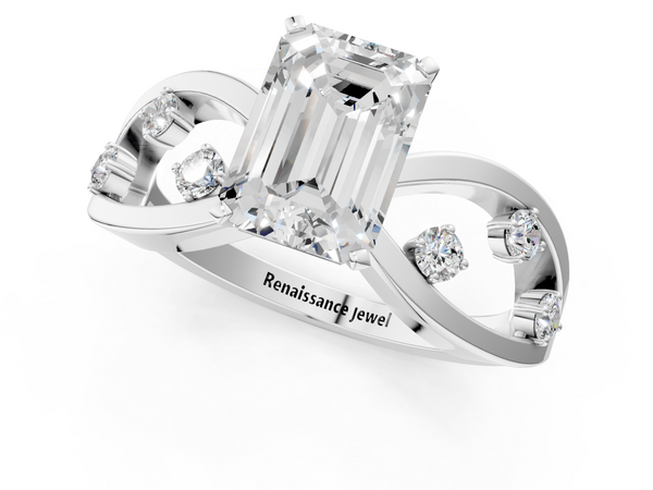 Platinum Emerald Cut Solitaire Diamond with Side Stones on Criss-Cross Band and Four-Prong Setting