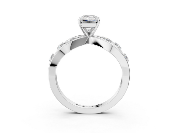 Platinum Emerald Cut Solitaire Diamond with Side Stones on Criss-Cross Band and Four-Prong Setting