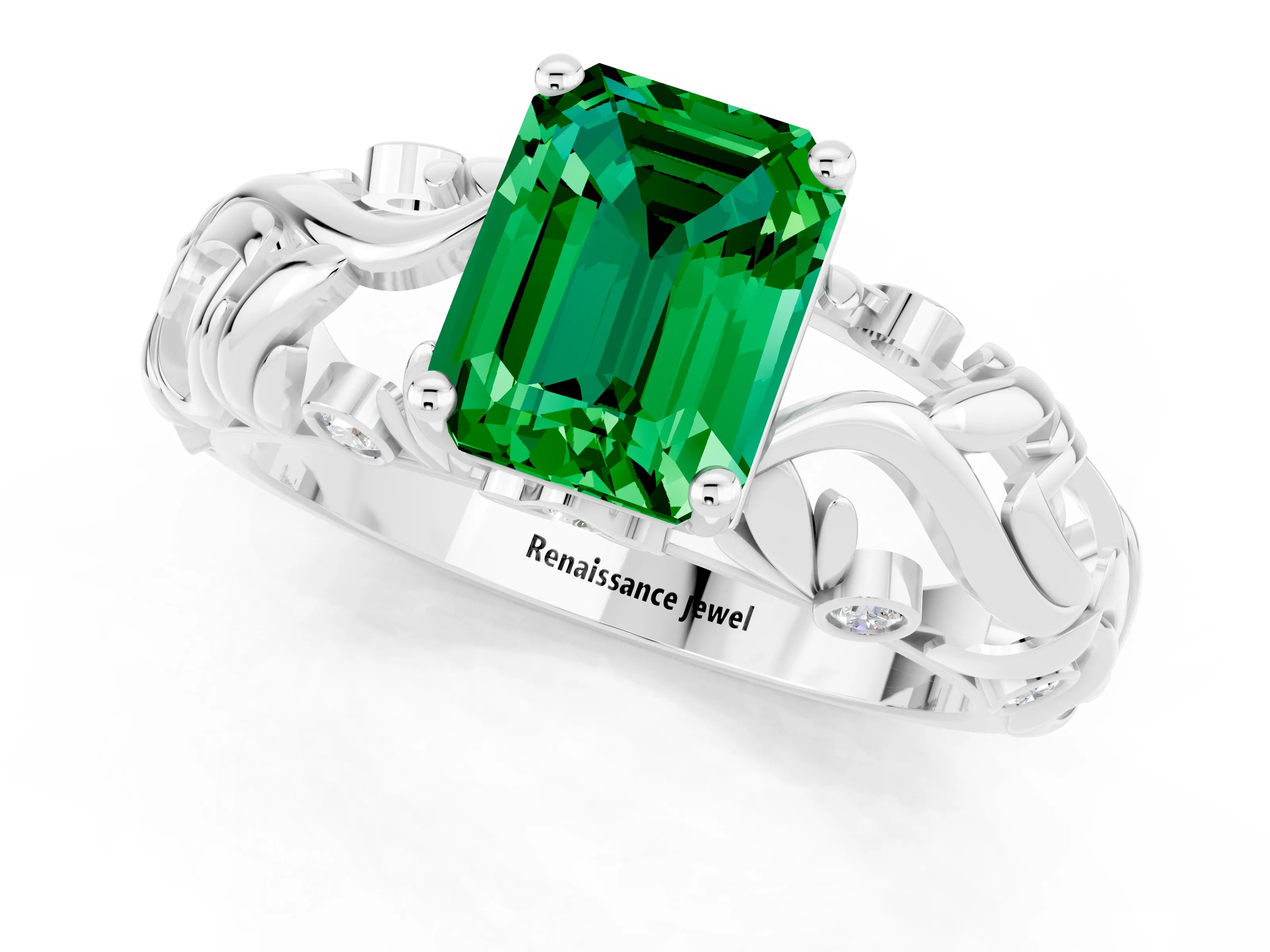 White gold Emerald Cut Solitaire Emerald Leaf-Inspired Vine Band Ring with Prong Setting_1