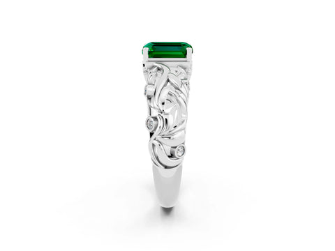 White gold Emerald Cut Solitaire Emerald Leaf-Inspired Vine Band Ring with Prong Setting_2