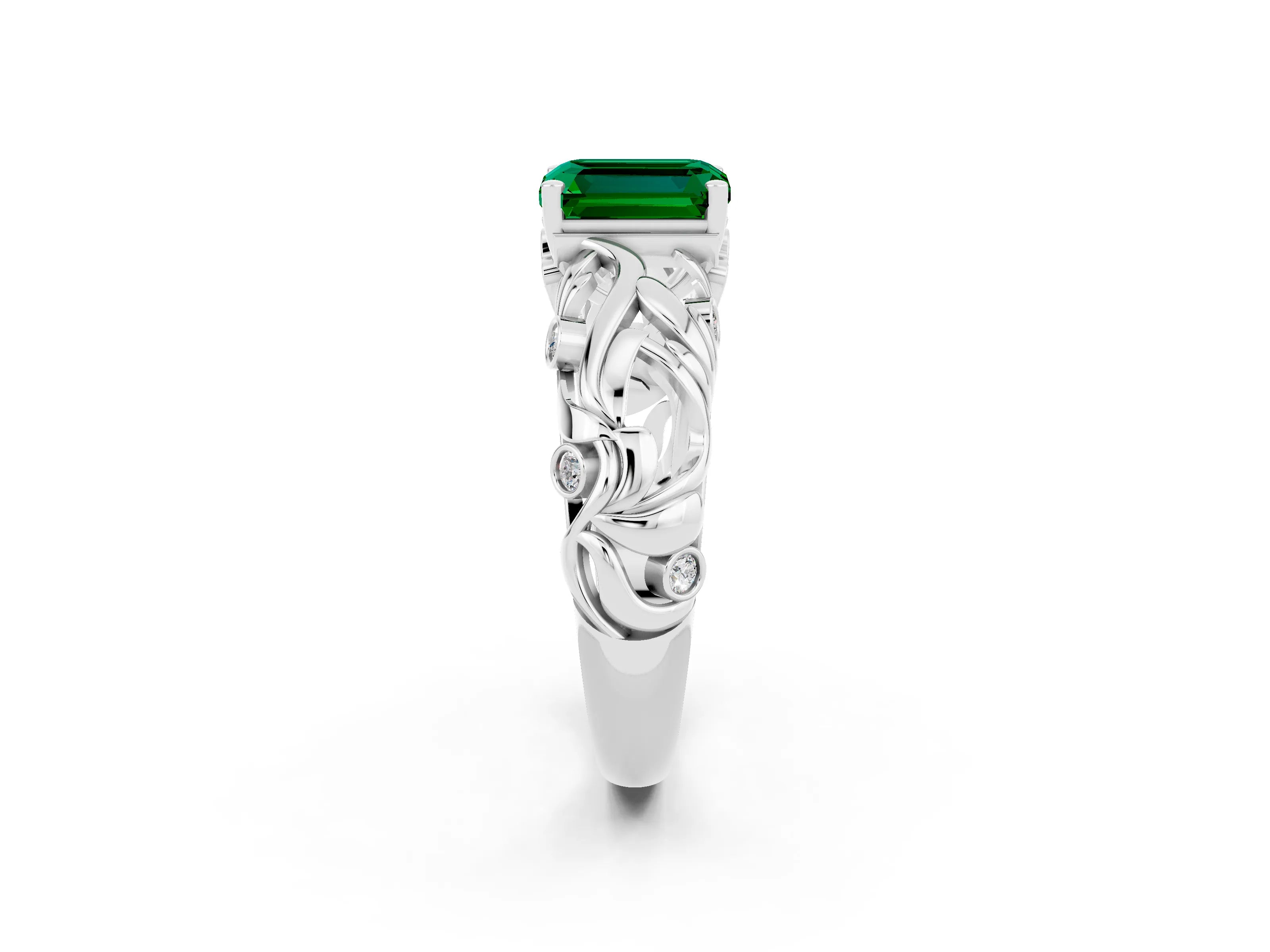 White gold Emerald Cut Solitaire Emerald Leaf-Inspired Vine Band Ring with Prong Setting_2