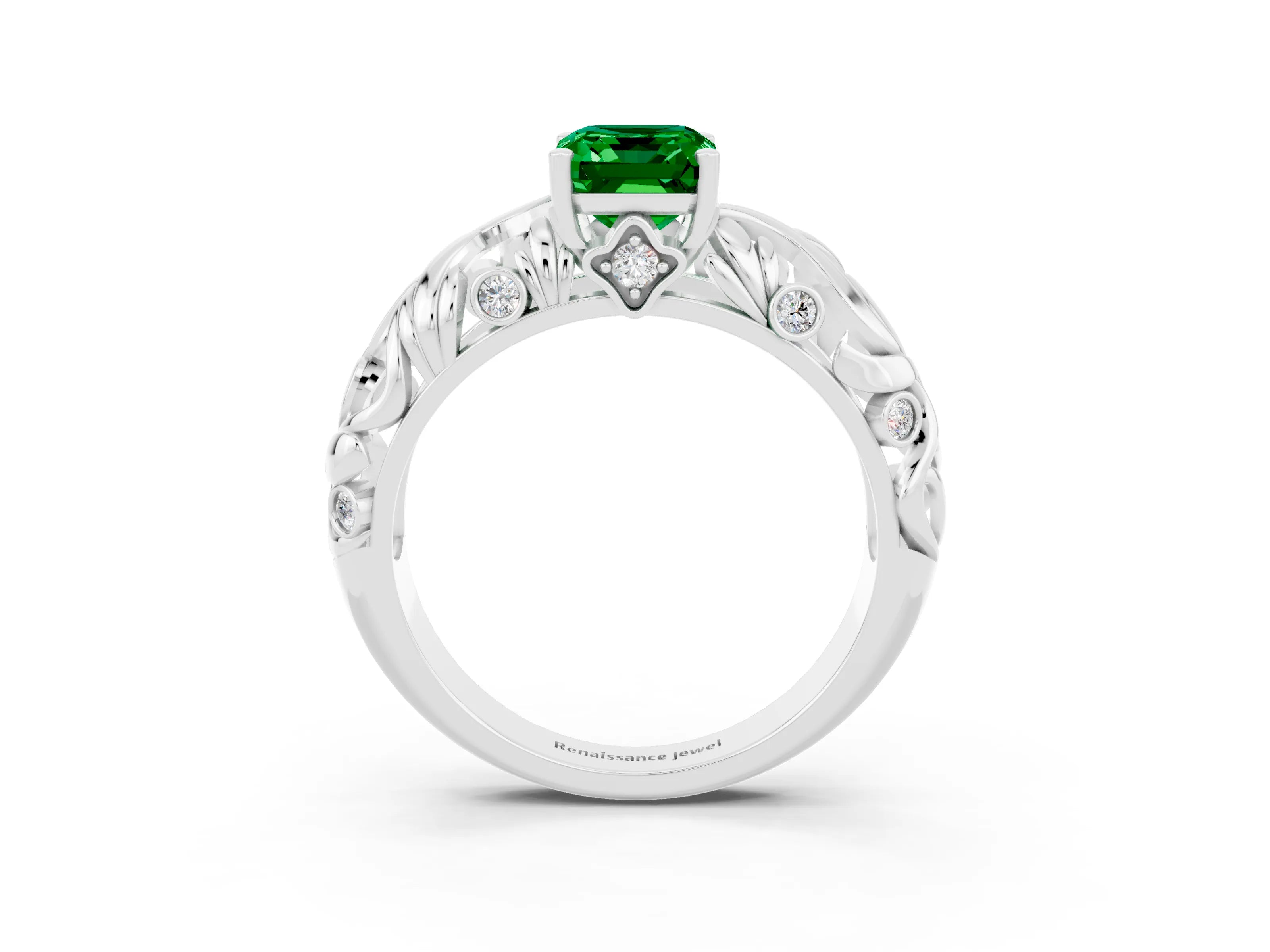 White gold Emerald Cut Solitaire Emerald Leaf-Inspired Vine Band Ring with Prong Setting_3