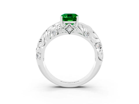 White gold Emerald Cut Solitaire Emerald Leaf-Inspired Vine Band Ring with Prong Setting_3