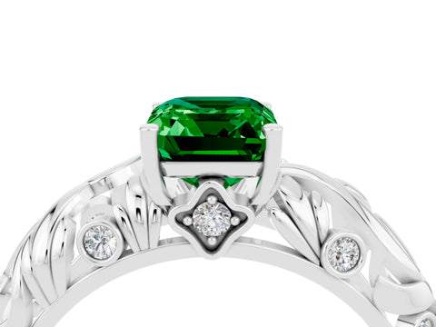 White gold Emerald Cut Solitaire Emerald Leaf-Inspired Vine Band Ring with Prong Setting_4