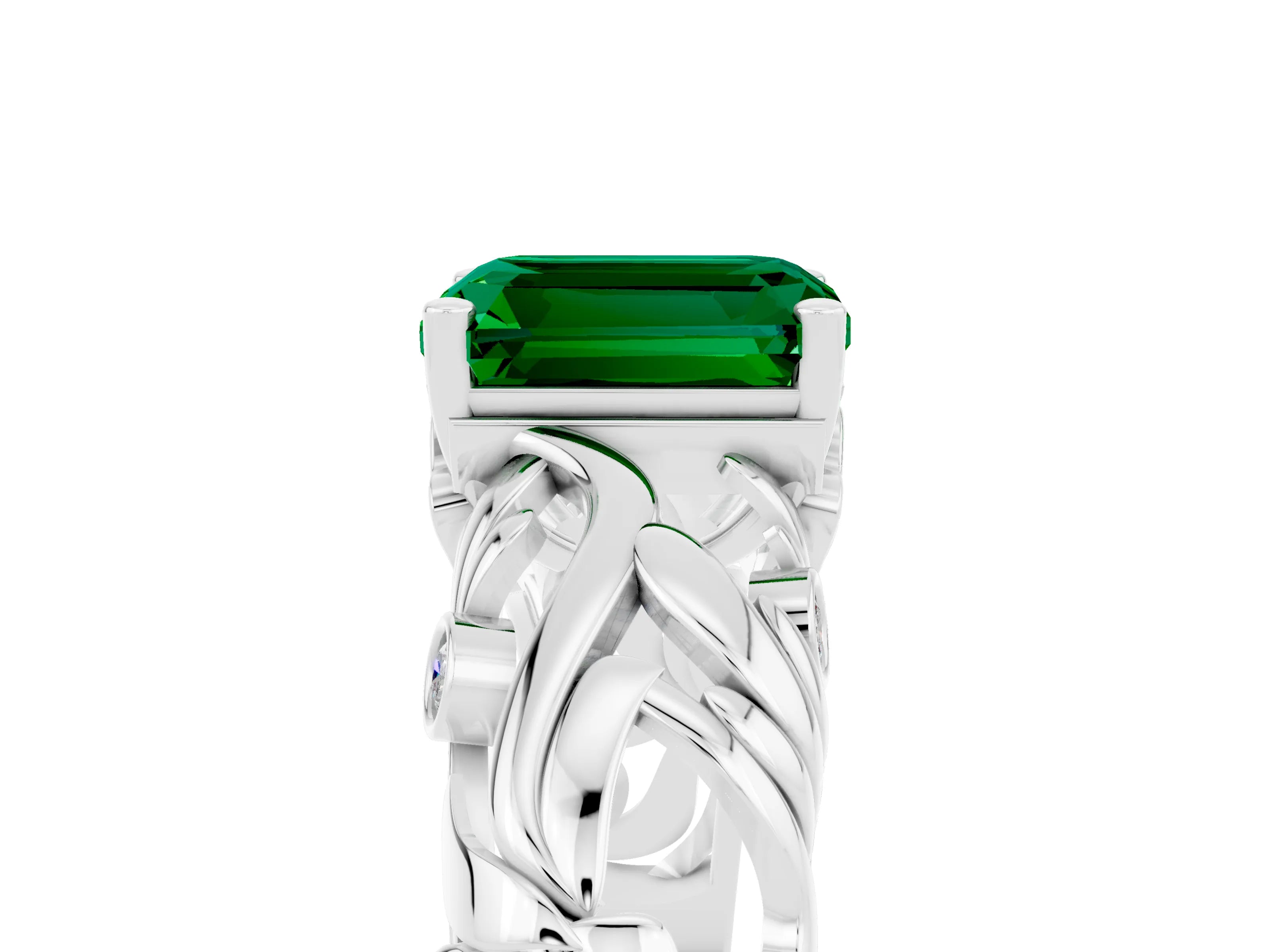 White gold Emerald Cut Solitaire Emerald Leaf-Inspired Vine Band Ring with Prong Setting_5