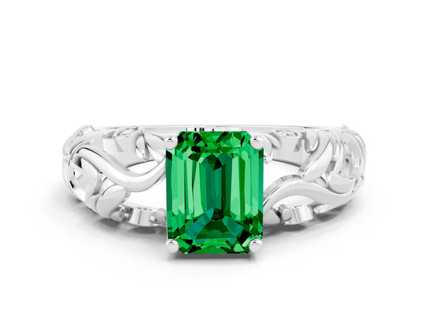 Silver Emerald Cut Solitaire Emerald Leaf-Inspired Vine Band Ring with Prong Setting