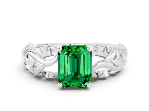 White gold Emerald Cut Solitaire Emerald Leaf-Inspired Vine Band Ring with Prong Setting