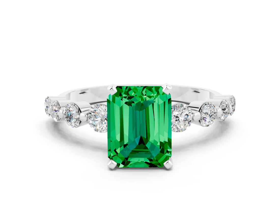White gold Emerald Cut Solitaire Emerald Ring with Pave Band and Four-Prong Setting