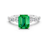 White gold Emerald Cut Solitaire Emerald Ring with Pave Band and Four-Prong Setting