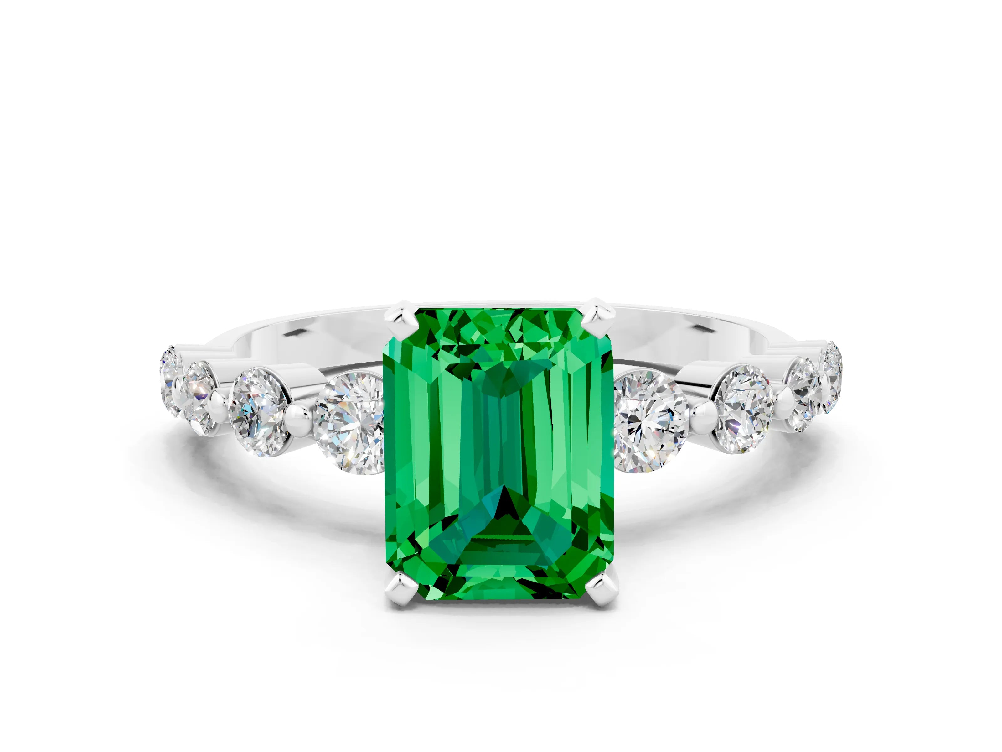 White gold Emerald Cut Solitaire Emerald Ring with Pave Band and Four-Prong Setting