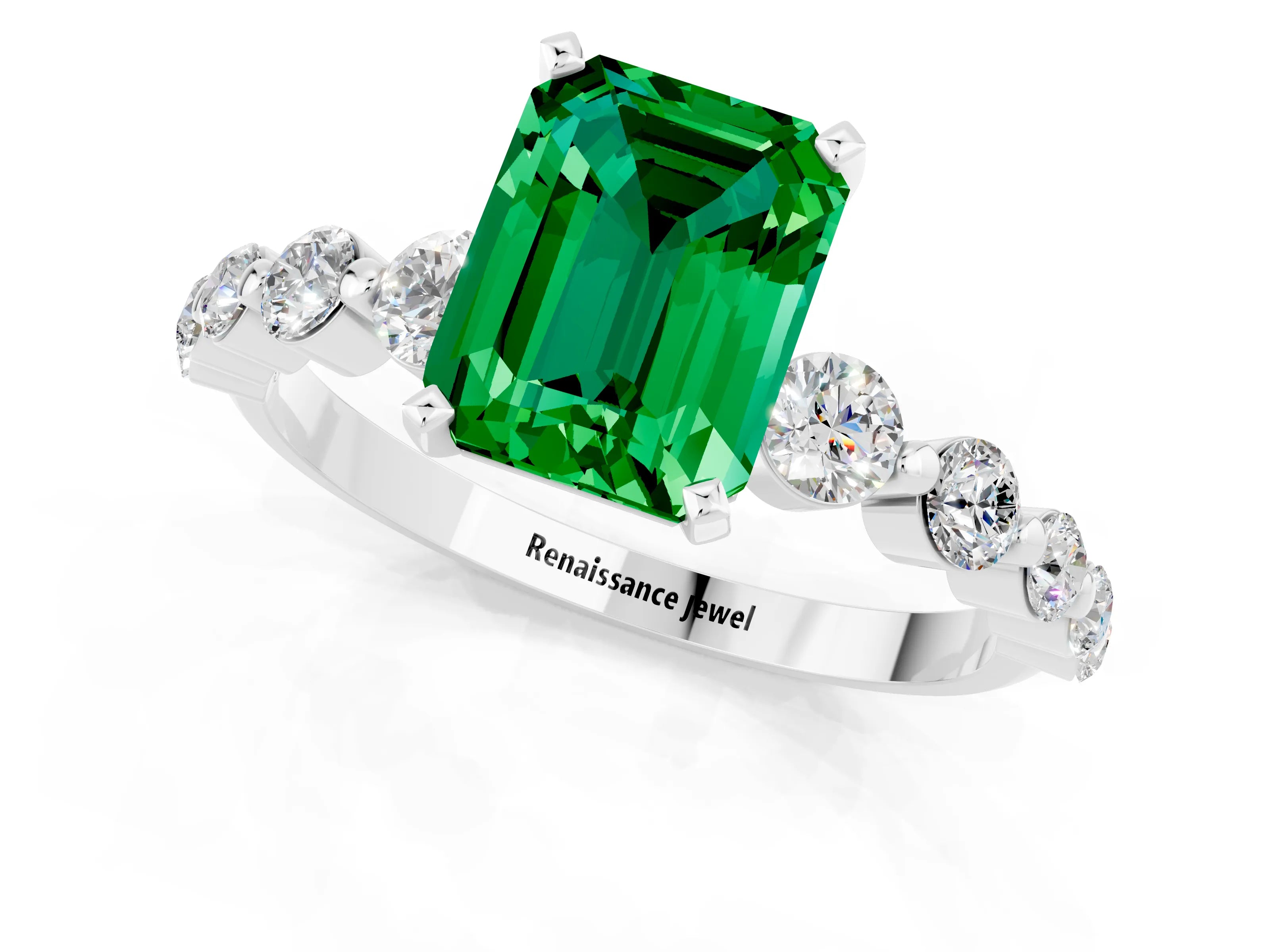 White gold Emerald Cut Solitaire Emerald Ring with Pave Band and Four-Prong Setting_1