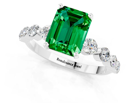 White gold Emerald Cut Solitaire Emerald Ring with Pave Band and Four-Prong Setting_1