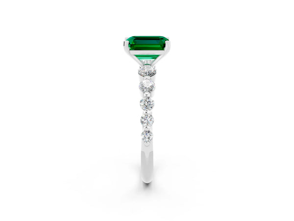 Platinum Emerald Cut Solitaire Emerald Ring with Pave Band and Four-Prong Setting