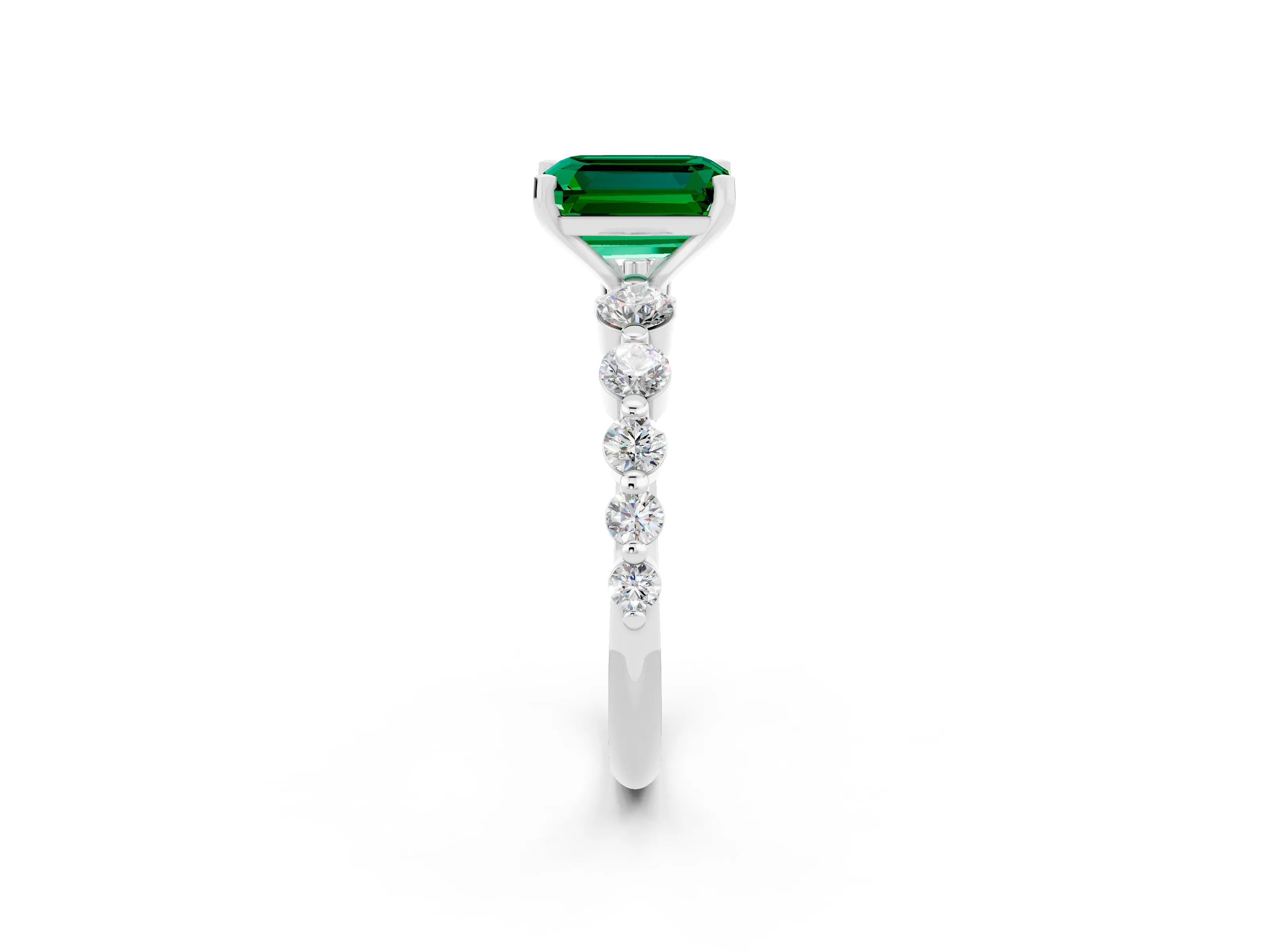 White gold Emerald Cut Solitaire Emerald Ring with Pave Band and Four-Prong Setting_2