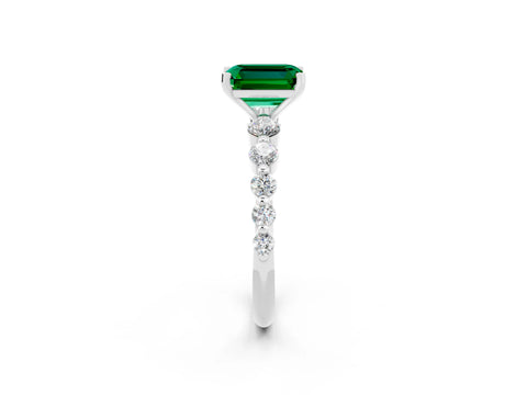 White gold Emerald Cut Solitaire Emerald Ring with Pave Band and Four-Prong Setting_2