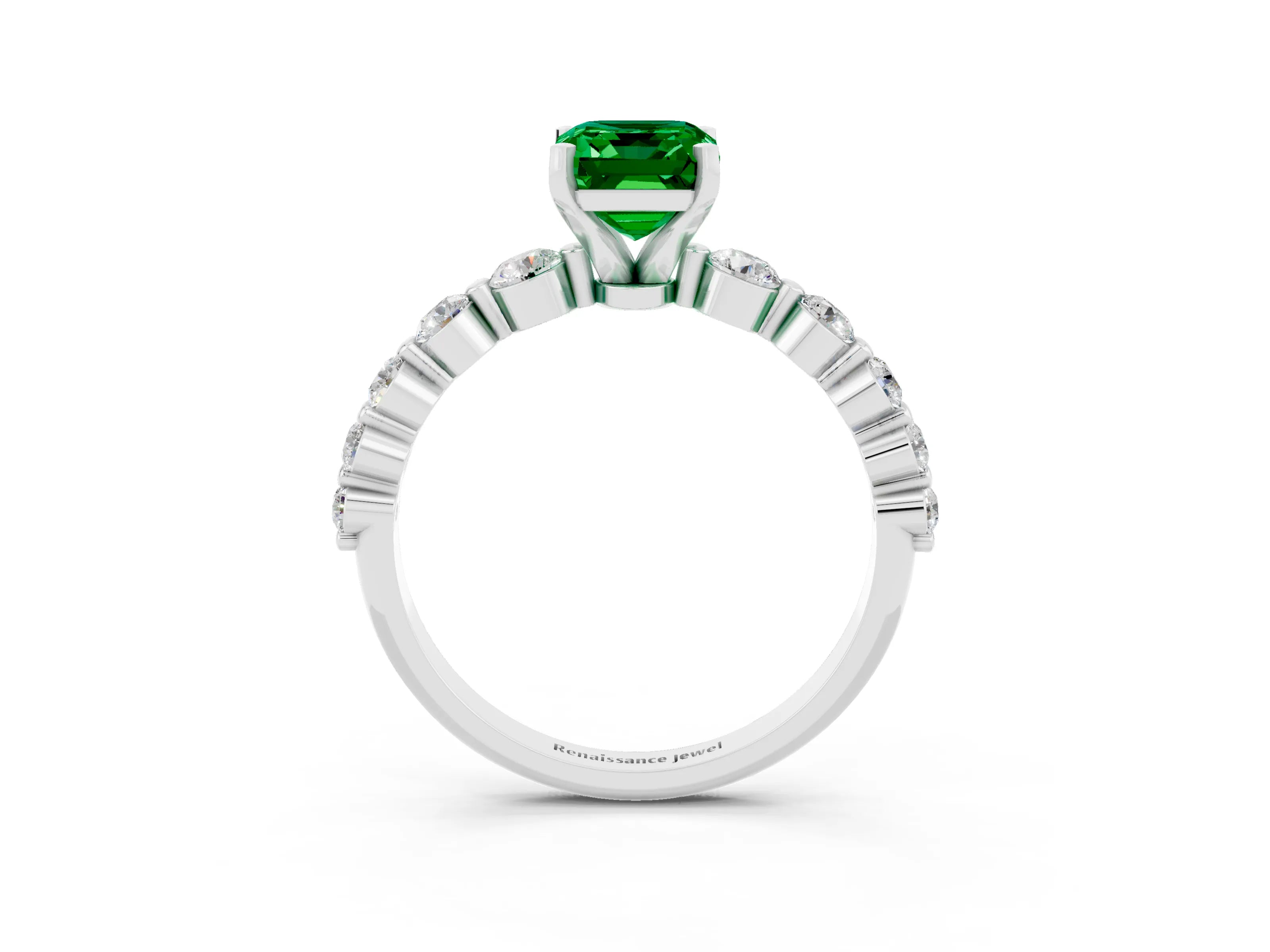 White gold Emerald Cut Solitaire Emerald Ring with Pave Band and Four-Prong Setting_3