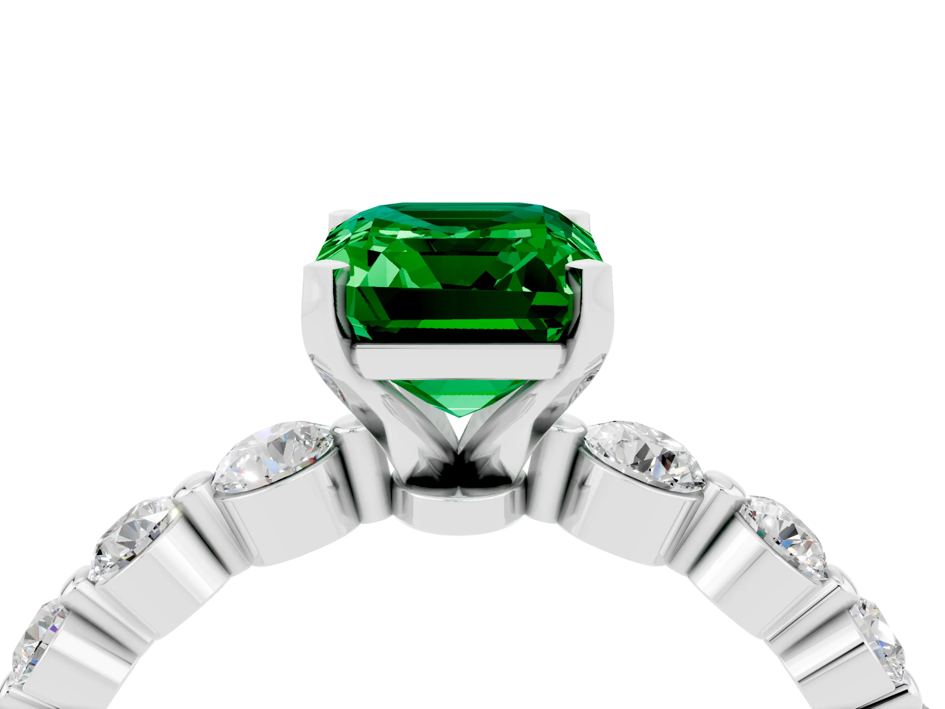 White gold Emerald Cut Solitaire Emerald Ring with Pave Band and Four-Prong Setting_4