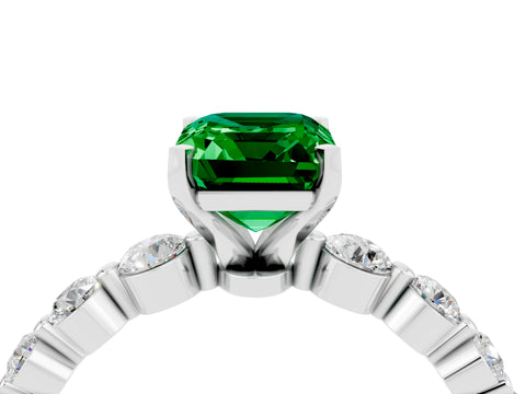 White gold Emerald Cut Solitaire Emerald Ring with Pave Band and Four-Prong Setting_4