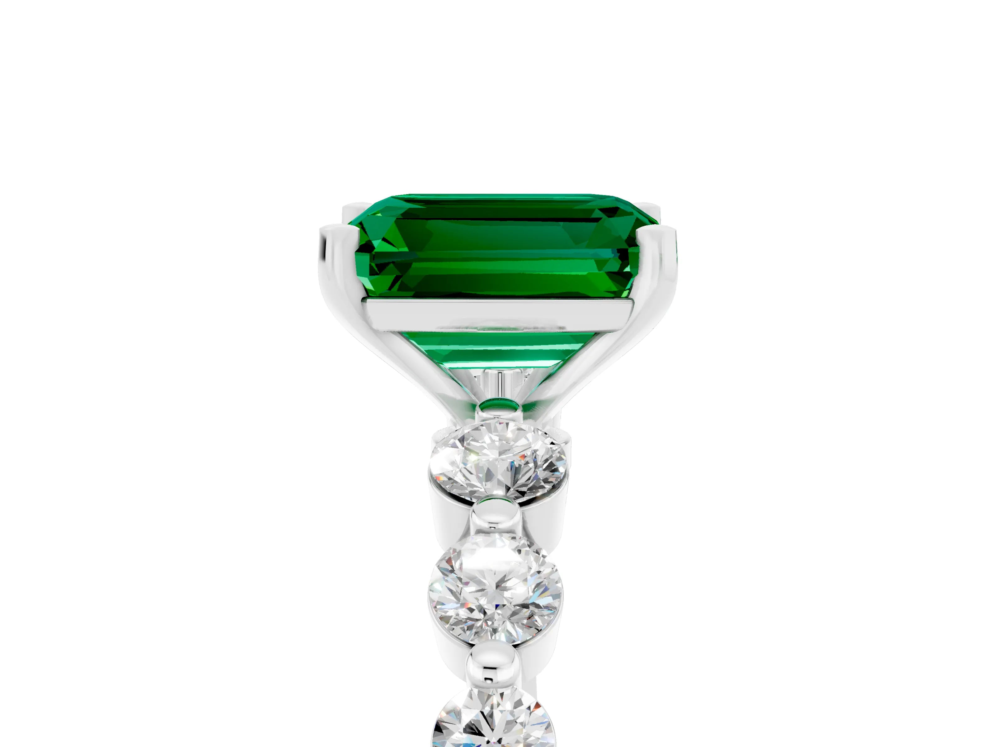 White gold Emerald Cut Solitaire Emerald Ring with Pave Band and Four-Prong Setting_5