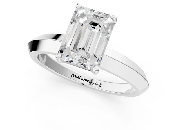 White gold Emerald Cut Solitaire Engagement Ring with Flat Band and Four-Prong Setting
