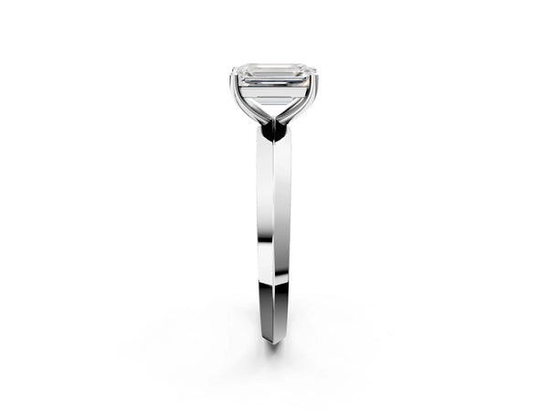 White gold Emerald Cut Solitaire Engagement Ring with Flat Band and Four-Prong Setting