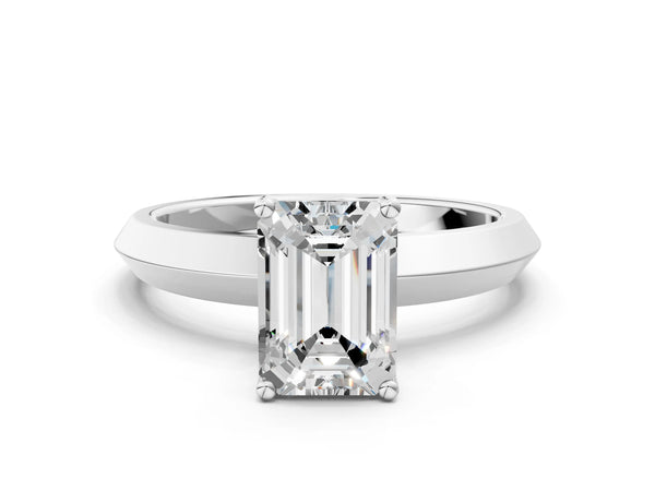 White gold Emerald Cut Solitaire Engagement Ring with Flat Band and Four-Prong Setting