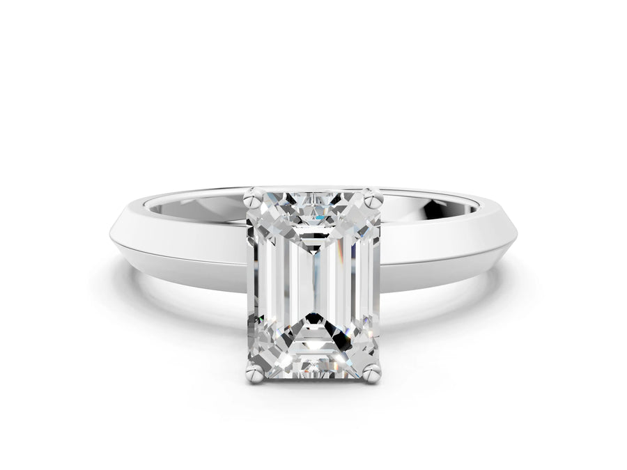 White gold Emerald Cut Solitaire Engagement Ring with Flat Band and Four-Prong Setting