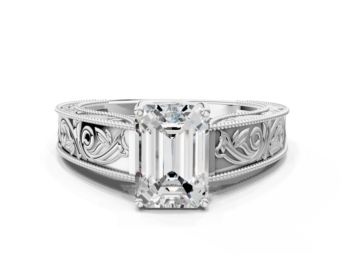 White gold Emerald Cut Solitaire Engraved Band with Four-Prong Setting_74