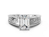 White gold Emerald Cut Solitaire Engraved Band with Four-Prong Setting_74