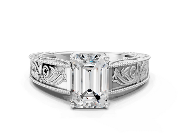 White Gold Emerald Cut Vintage Solitaire Engagement Ring Setting with Leaf Scroll Engraved Band
