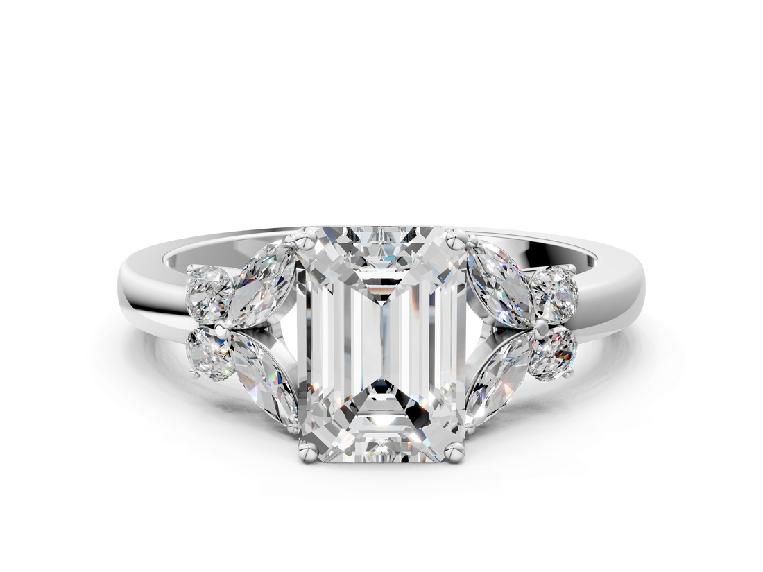 White gold Emerald Cut Solitaire Floral Diamond Ring with Four-Prong Setting_125