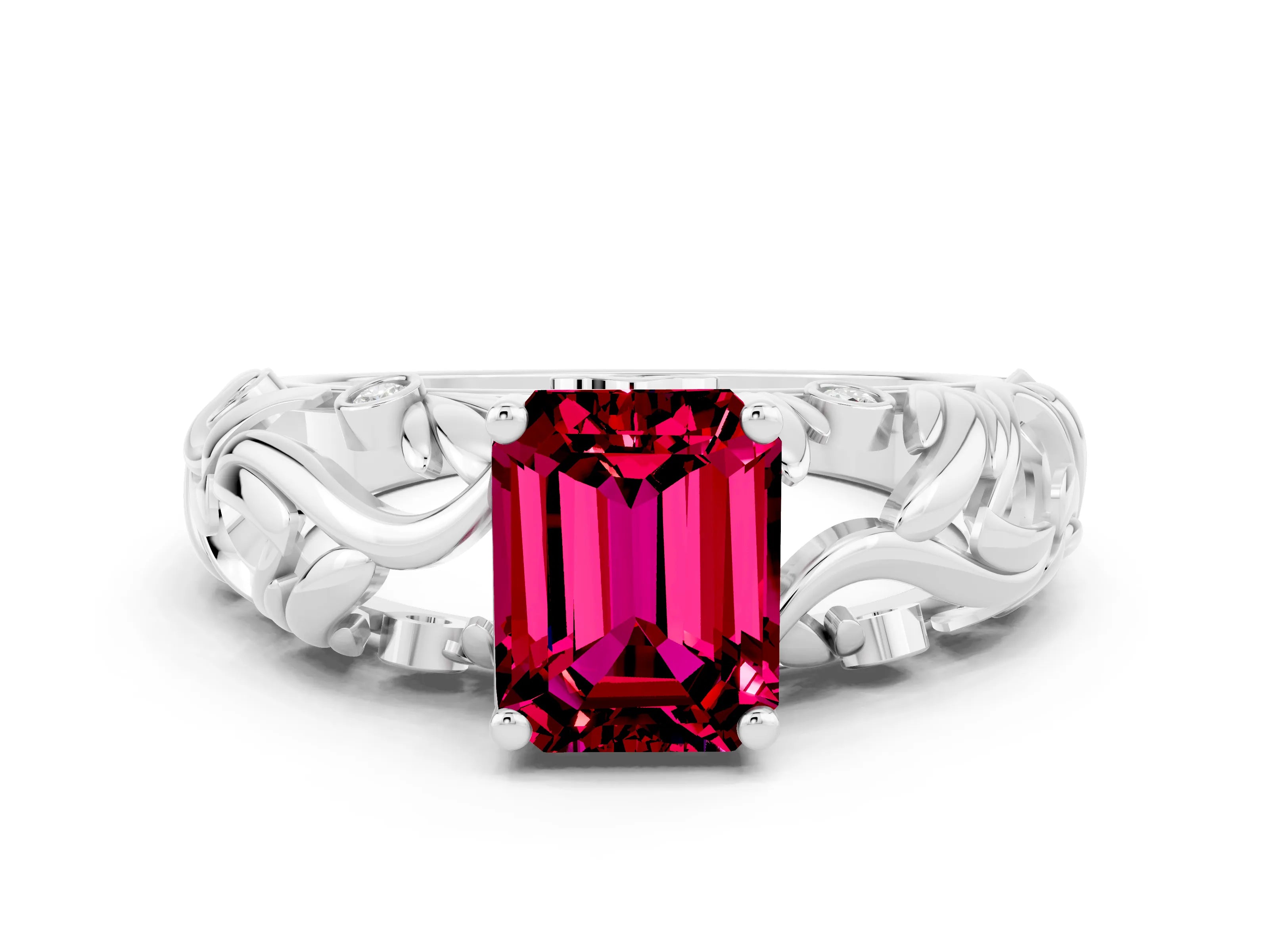 White gold Emerald Cut Solitaire Garnet Leaf-Inspired Vine Band Ring with Prong Setting