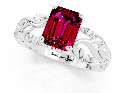 White gold Emerald Cut Solitaire Garnet Leaf-Inspired Vine Band Ring with Prong Setting_1