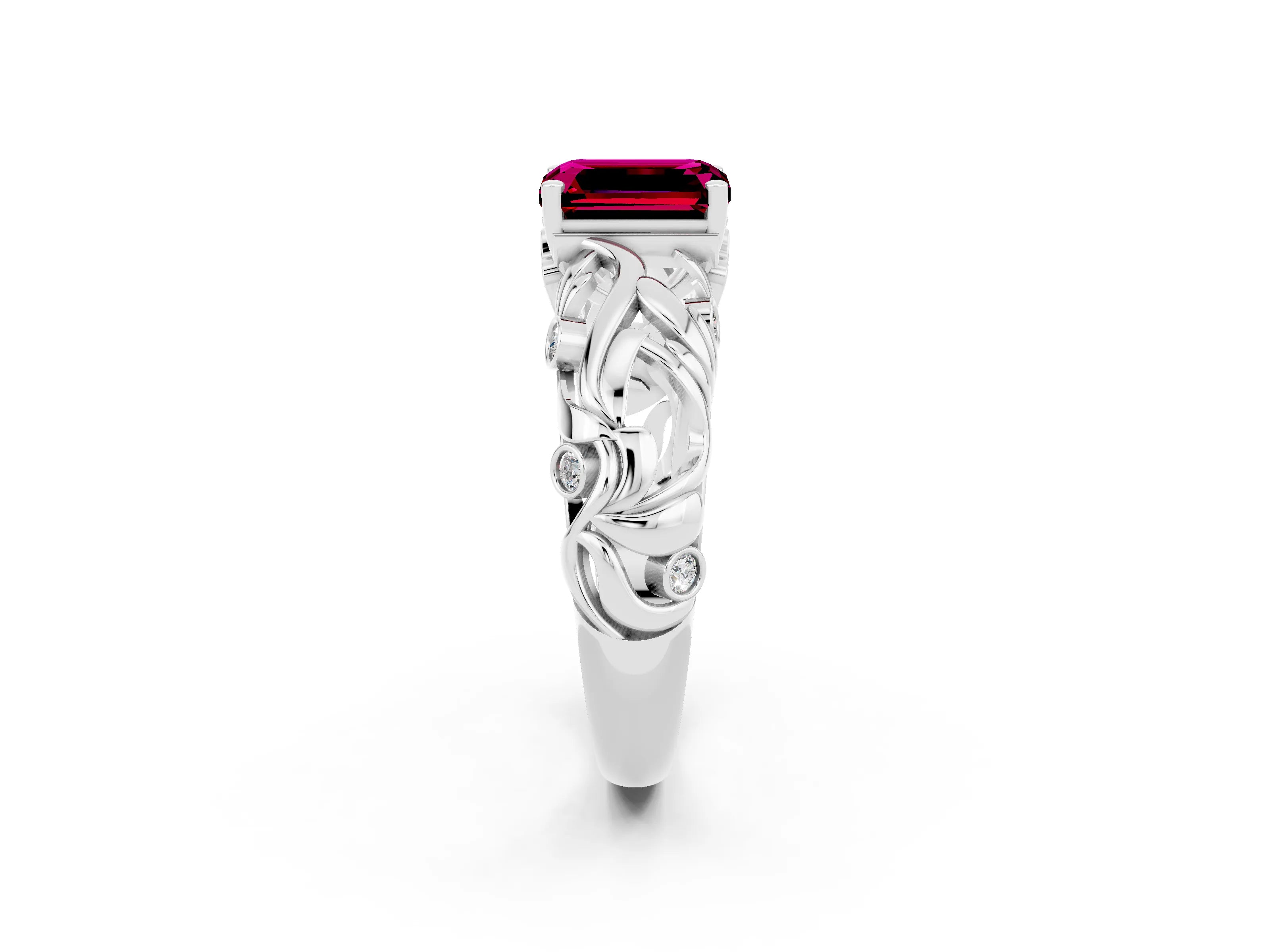 White gold Emerald Cut Solitaire Garnet Leaf-Inspired Vine Band Ring with Prong Setting_2