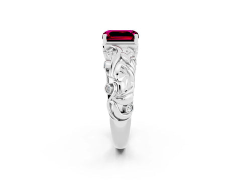 White gold Emerald Cut Solitaire Garnet Leaf-Inspired Vine Band Ring with Prong Setting_2